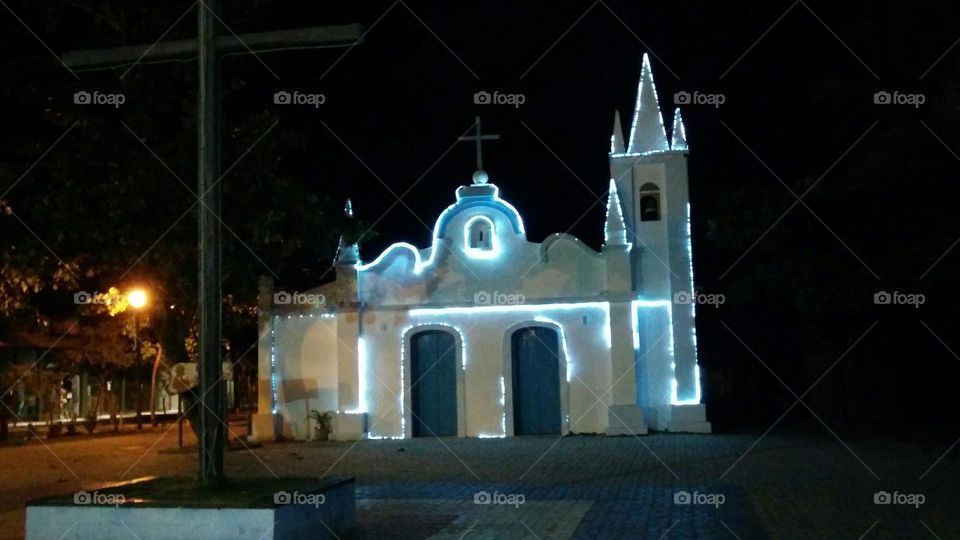 Lit up church at Praia do Forte, Bahia, Brasil