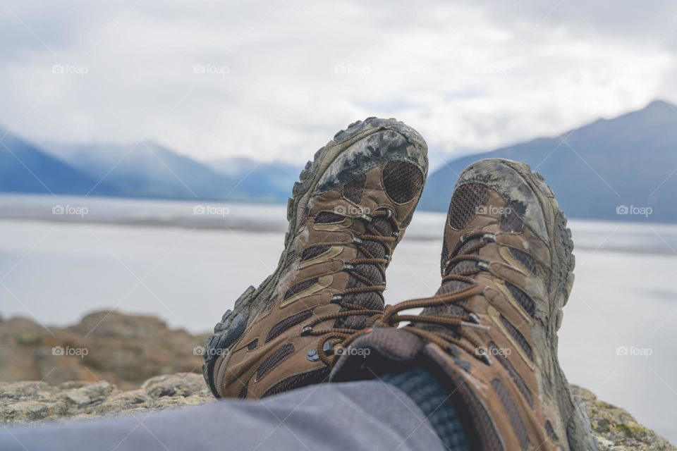 Shot relaxing after a hike