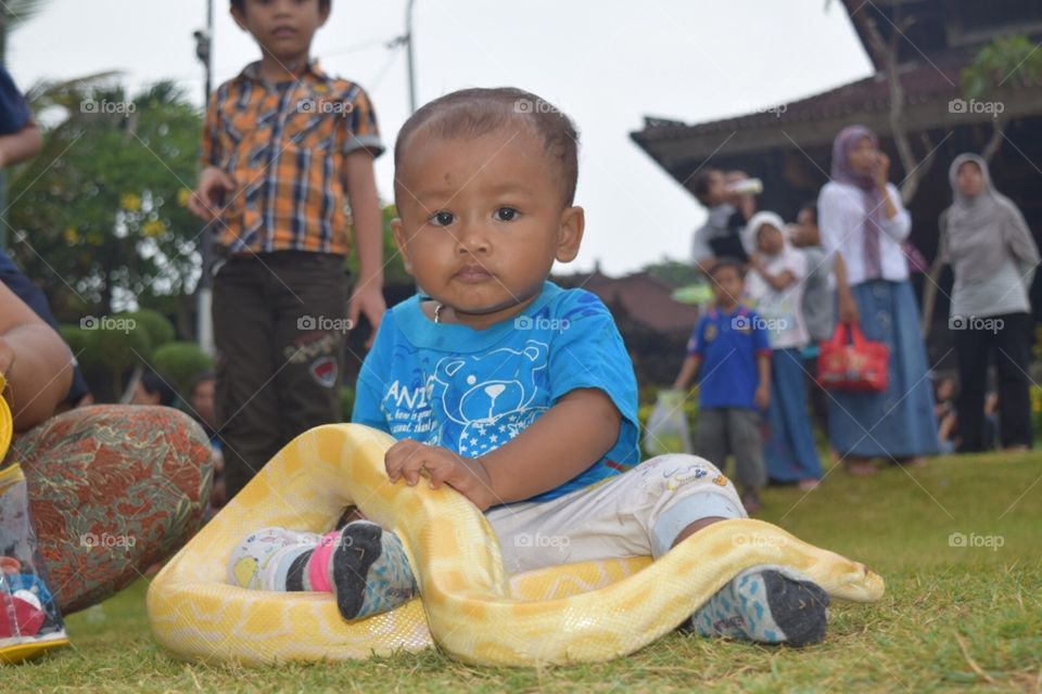 Little baby with yellow snake Indonesia