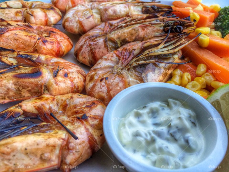 Lunch with grilled shrimps