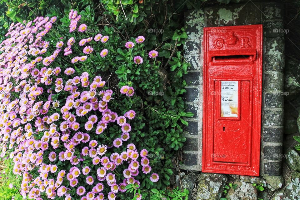 A bright red British Royal Mail post box on a wall next to a host of pretty flowers.