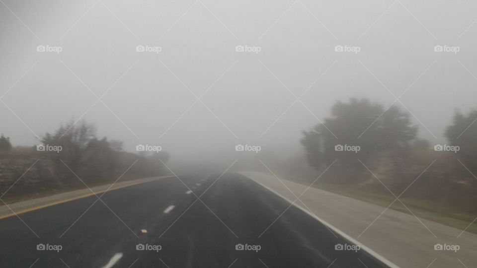 Heavy fog. Heavy fog over road.