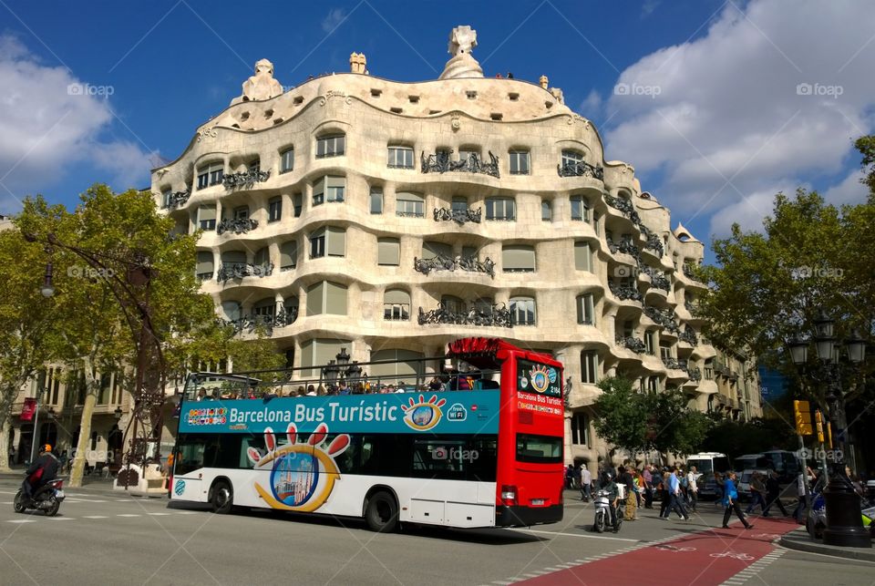 Tourist bus near La Pedrera. Tourist bus near La Pedrera in Barcelona, Spain