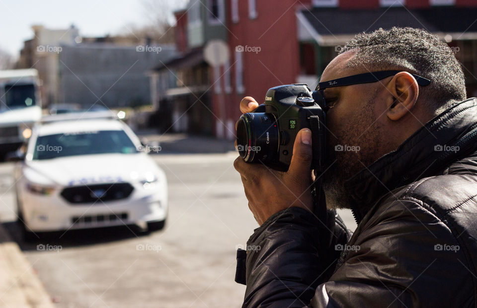 Close-up of photographer