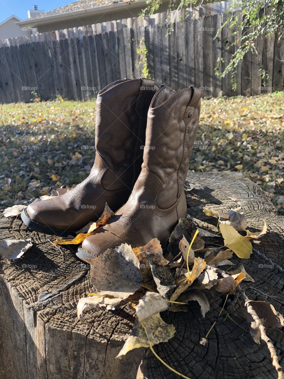 Cowboy boots of a child and leaves