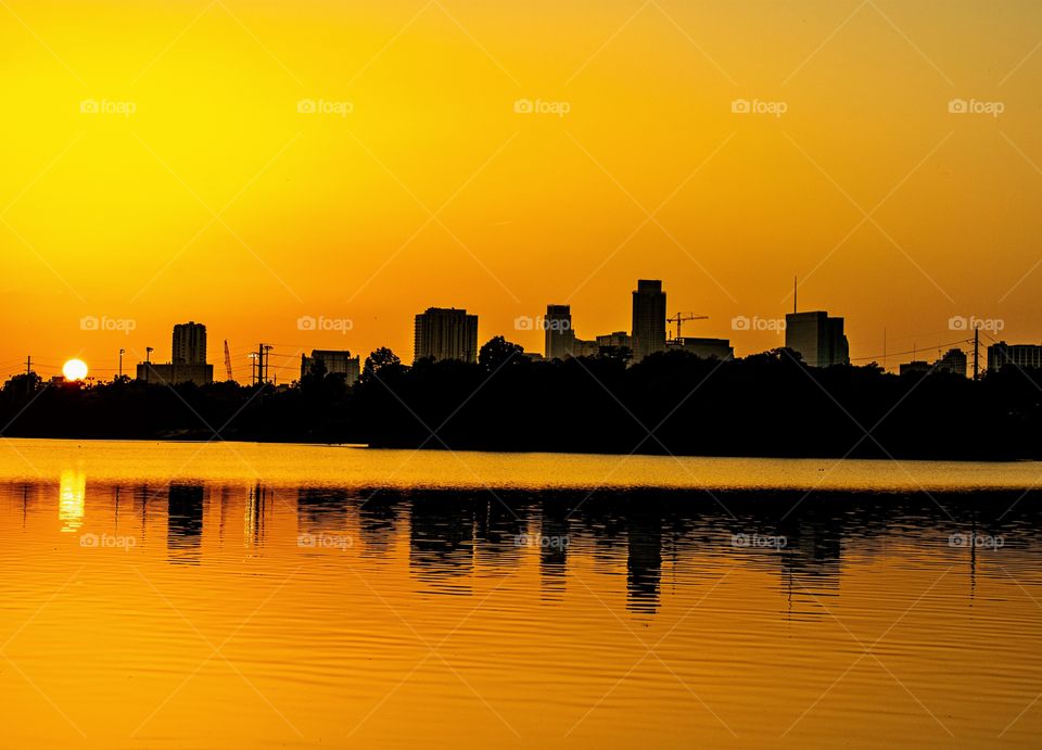 Sunset silhouette shot of a piece of the Austin Texas downtown skyline. 