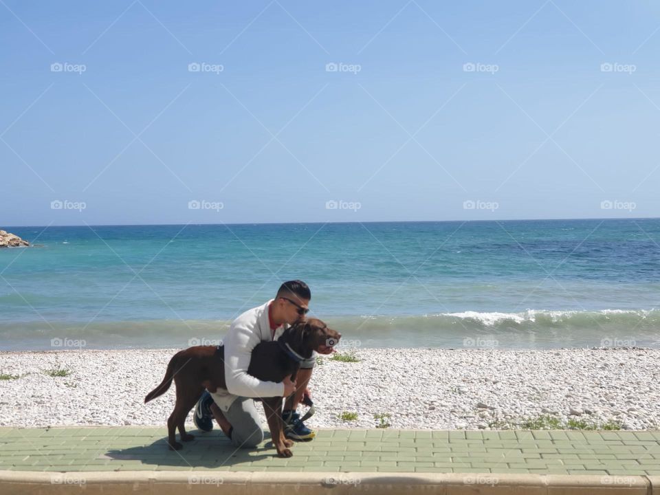 Beach#sea#human#dog