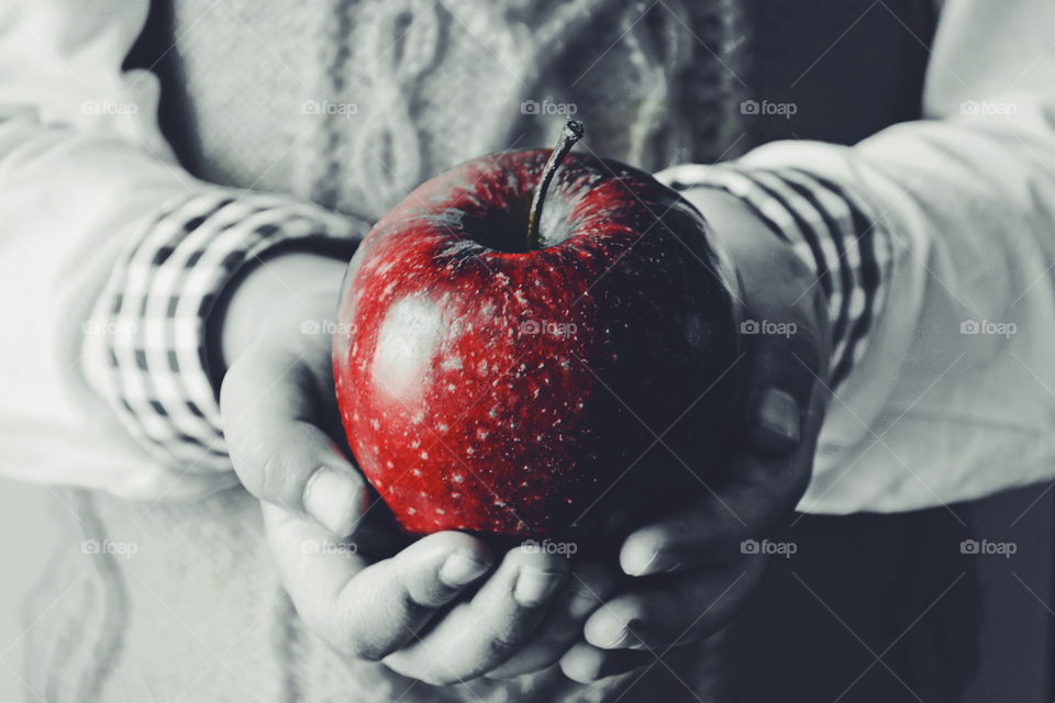 Red apple in baby hands. Red apple in baby hands on black and white background