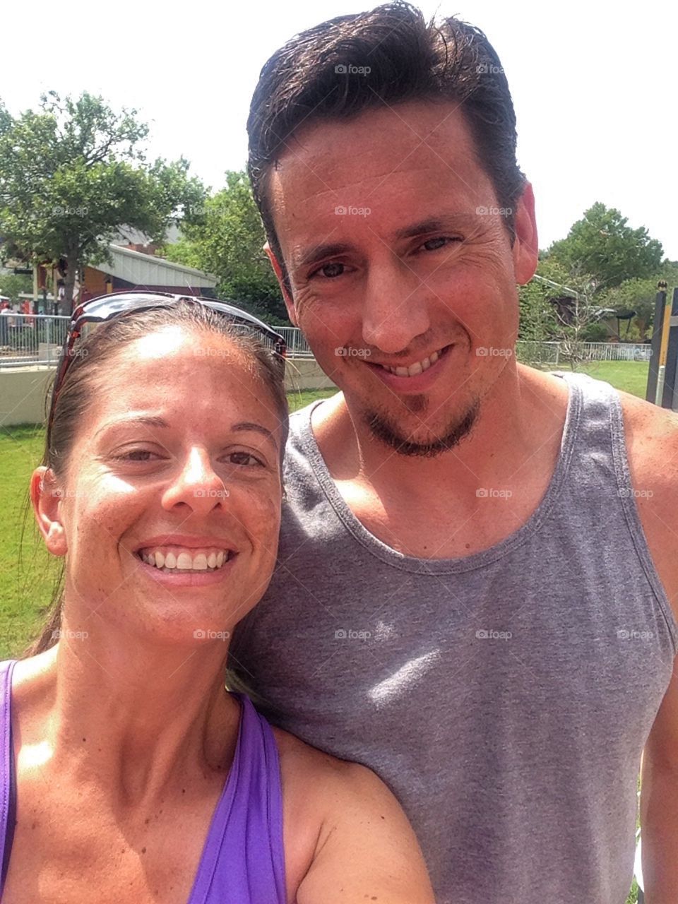 Beat the heat. Couple selfie at fiesta Texas 