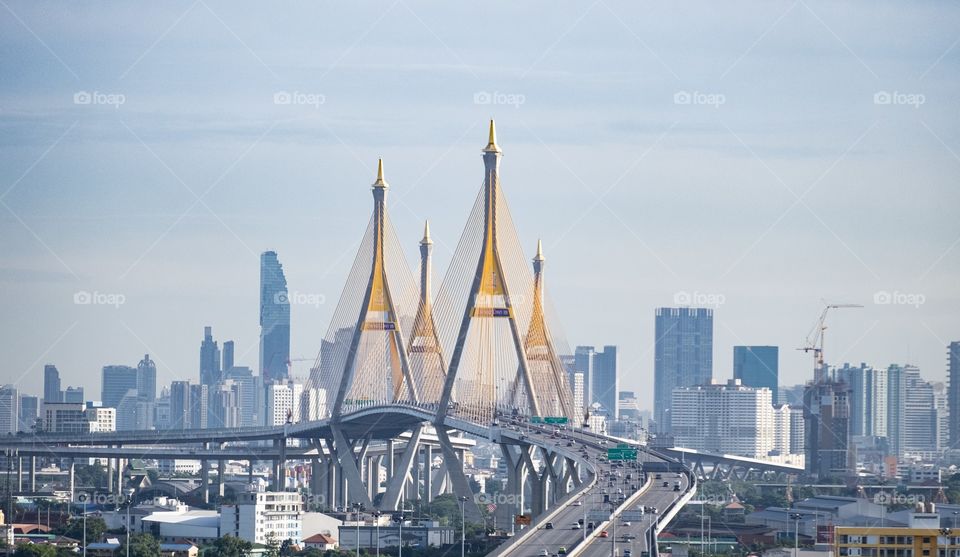 The capital of Thailand , Bangkok city scape view from beautiful Bhumibol Bridge