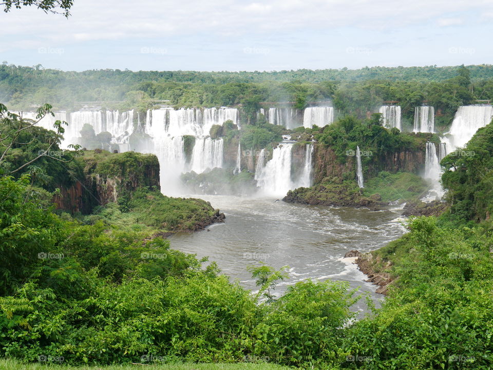 Amazing waterfalls with green scenery at Iguazu, Brasil