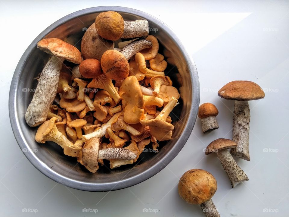 orange cap boletus mushrooms cooking on a white background