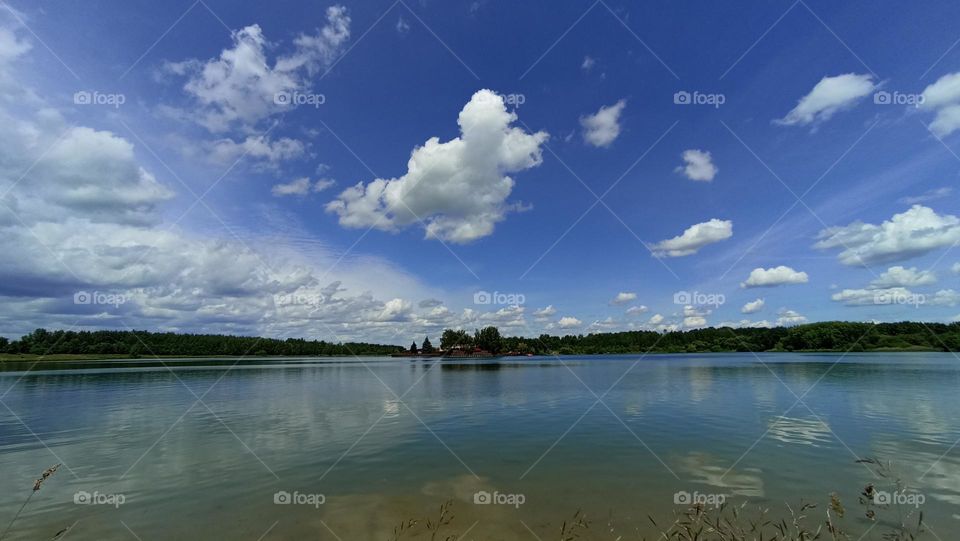 beautiful summer landscape lake blue sky clouds background