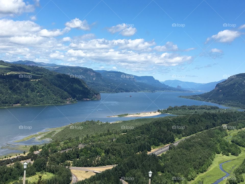 Different shades of blue and green make up a beautiful landscape at the Columbia River Gorge near Portland, OR