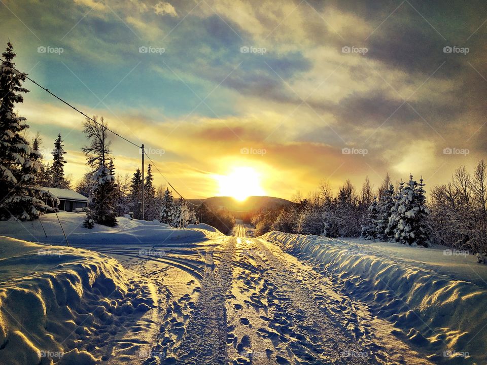Sunset in winter landscape 