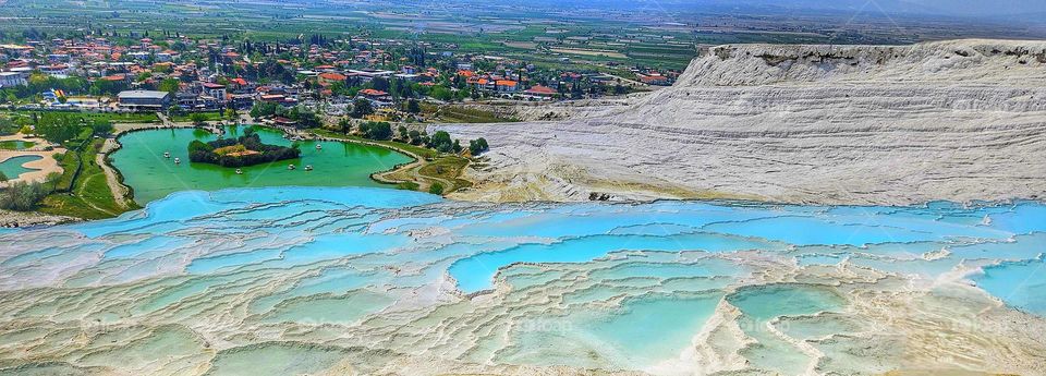 beautiful view from the top of Pamukkale mineral springs