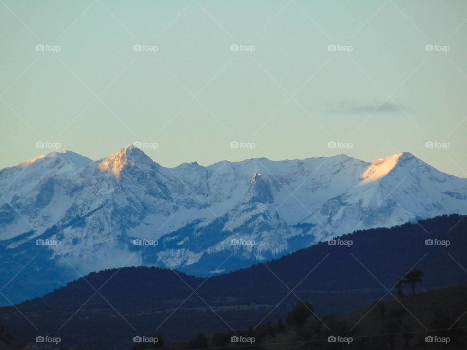 Snowy mountain peaks. 