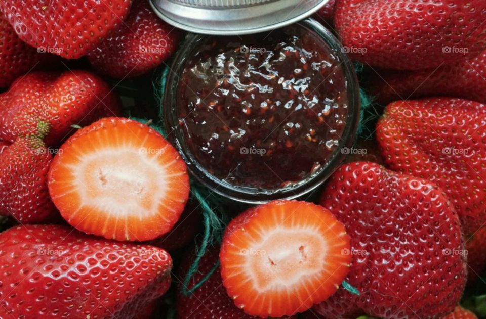 High angle view of strawberry jam