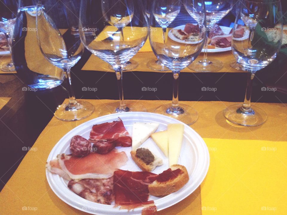 Glasses for wine and classic Italian appetizer