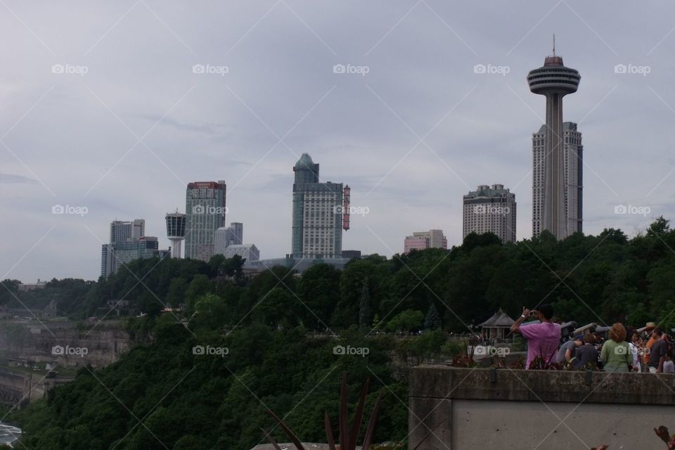 View of Canadian hotels overlooking the Falls.  Skylon Tower at right - Niagara Falls, ON
