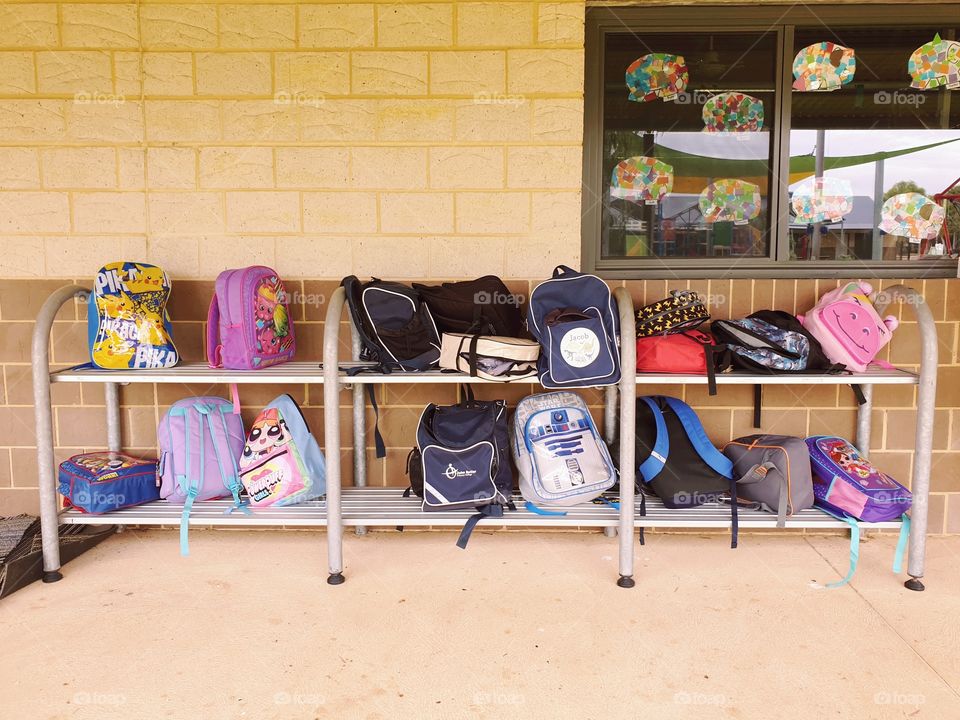 backpacks outside a primary school classroom