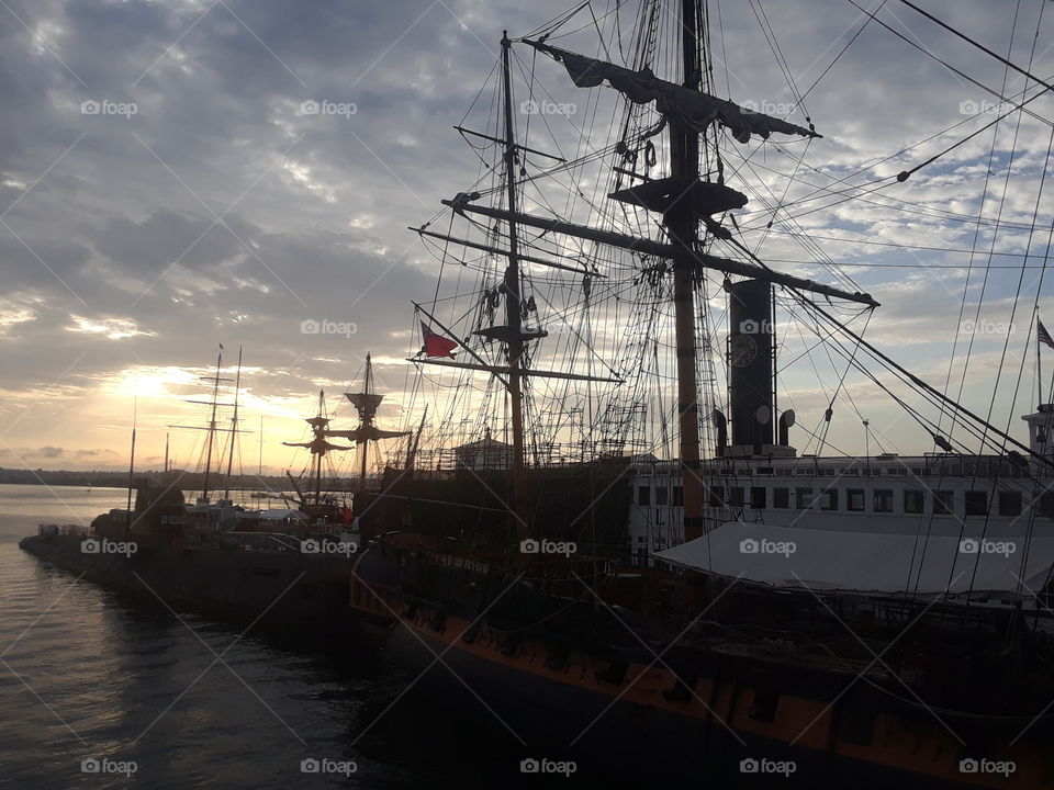 ship in San Diego harbor in sunset