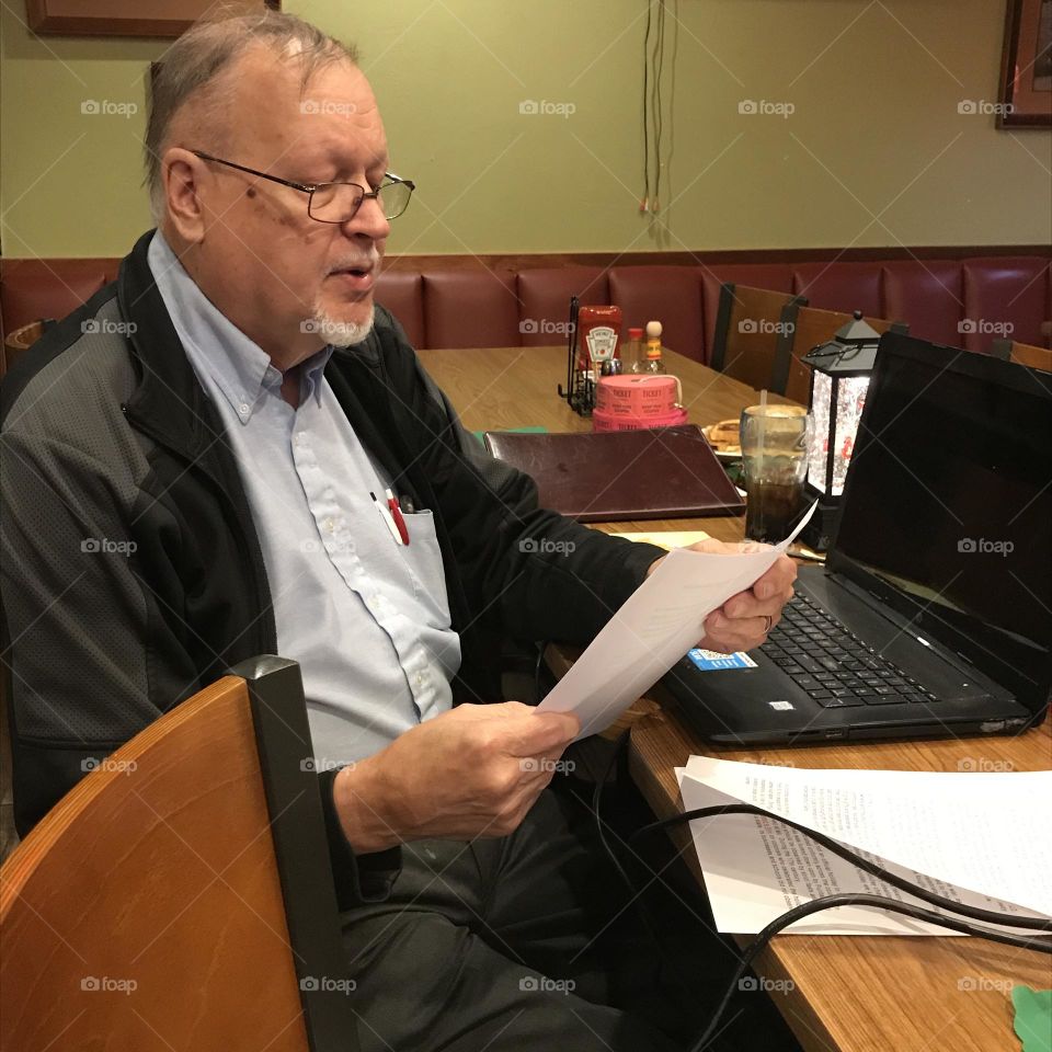 Reading an essay during a Civil War Round Table meeting at Denny’s.