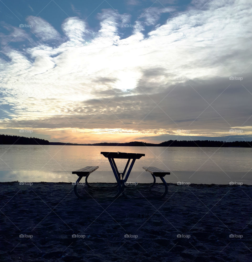 lake bench dusk