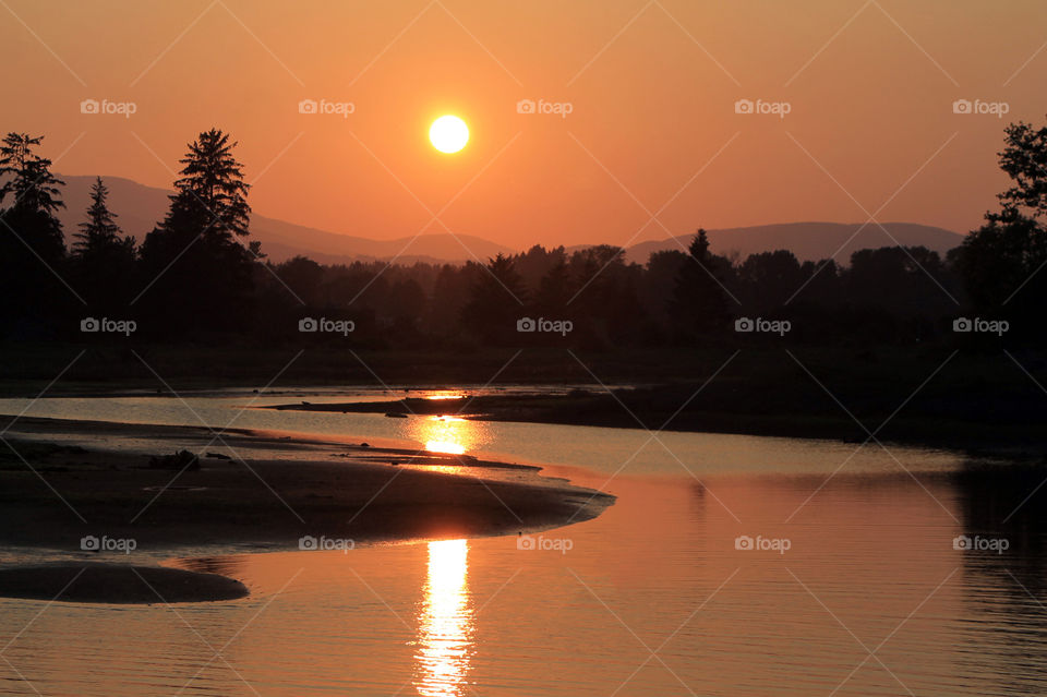 The setting sun is strongly reflected in the falling tidal waters of the estuary & the sky is orange & pink.  The tree line, tidal flats & mountains are dark silhouettes focusing all attention on the glowing yellow sun, sky & water. Beautiful! 🌞