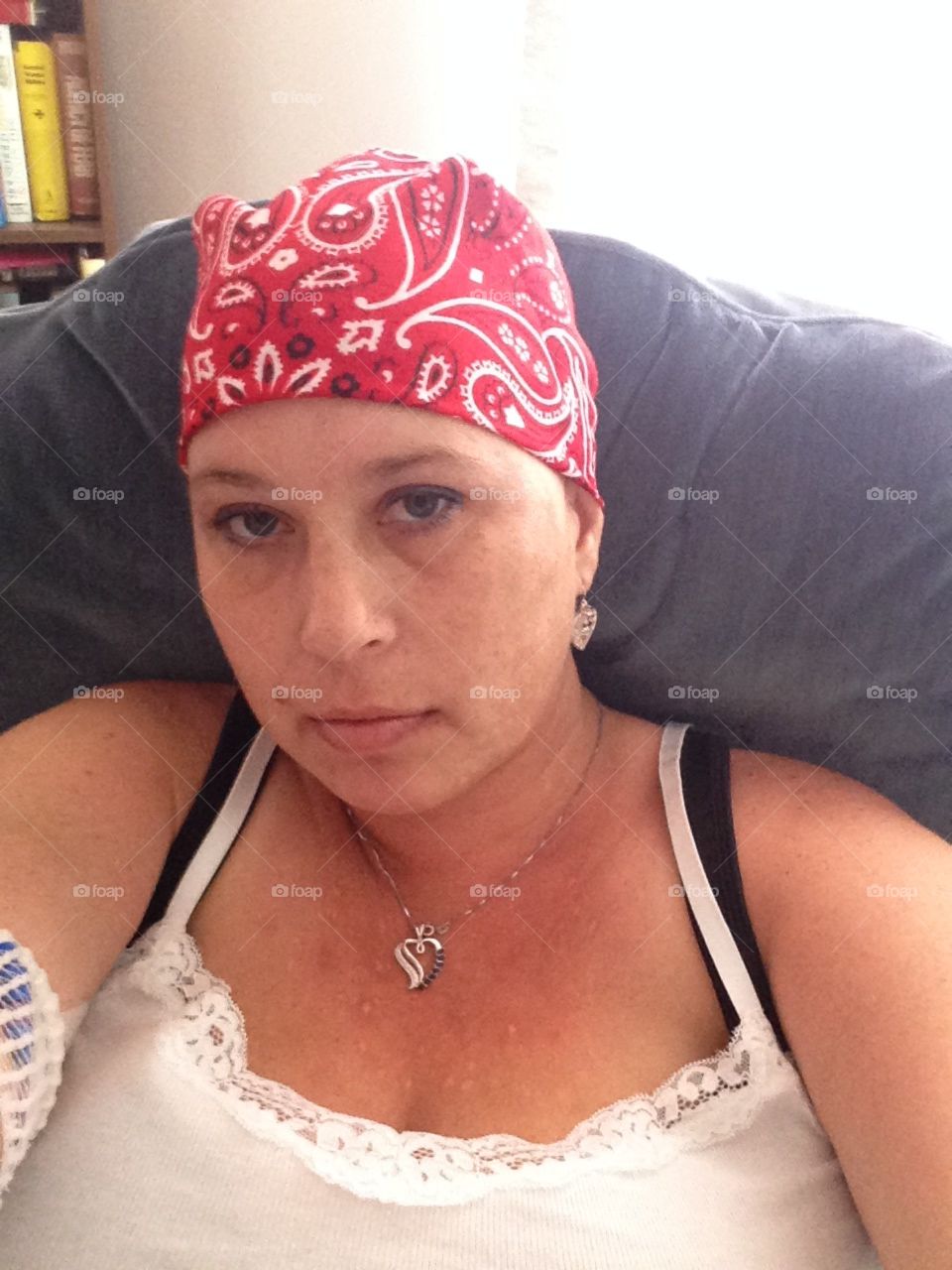 Trying out the bandana look after loosing my hair to chemotherapy