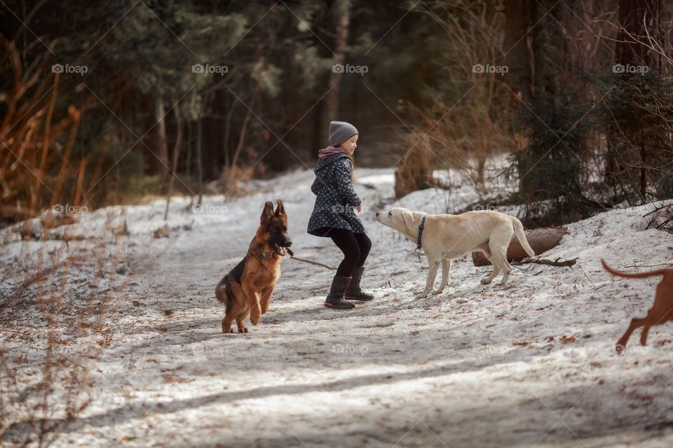 Girl walking with Dogs in a spring forest 