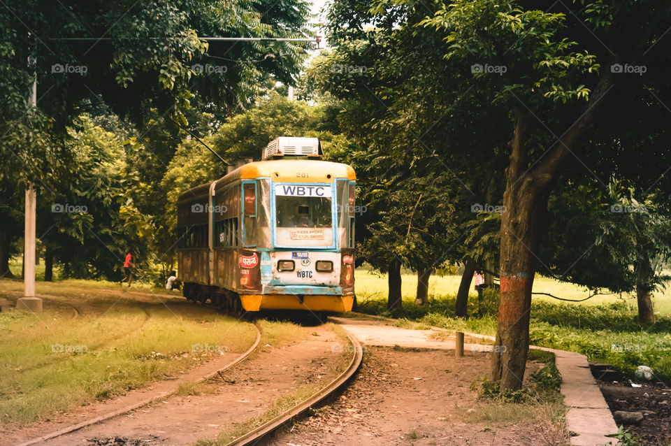 View of traditional public tram and tramway of kolkata, India.