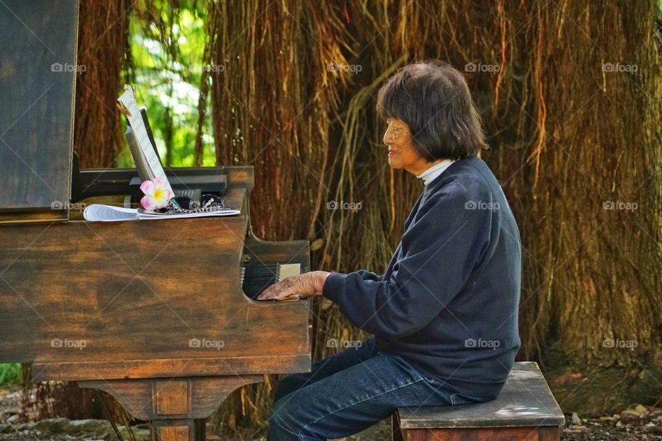 Old Woman Playing Piano Outside Beneath A Tree
