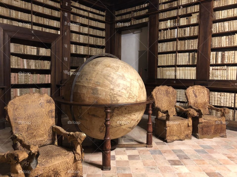 The Globe room, wonderful globe, diameter of 2 meters, designed in 1713, Civic Library, Fermo, Italy