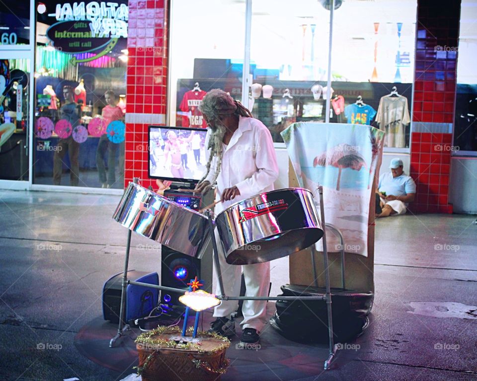 Steel pan drum player in at Fremont Street in Las Vegas