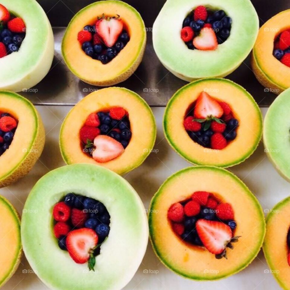 Melon Fruit Bowls. Melons with fresh berries 