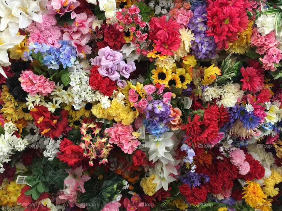 Wall of fake flowers
