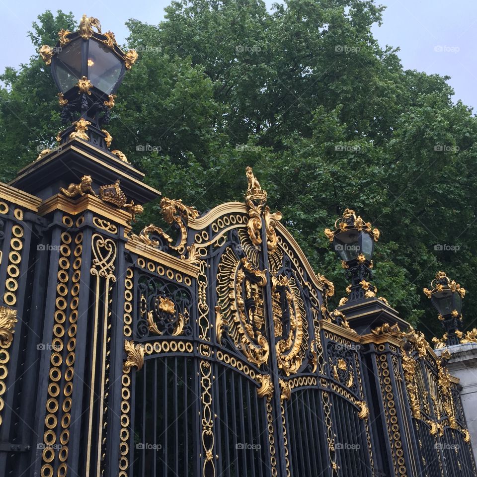Gold painted gates outside Buckingham Palace