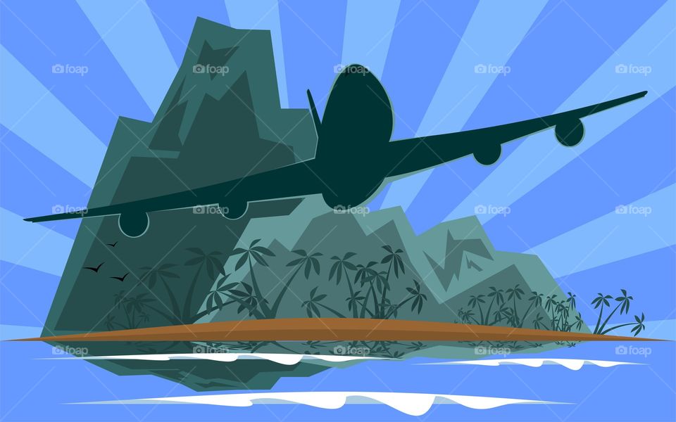 plane silhouette flying away from tropical island retro poster illustration