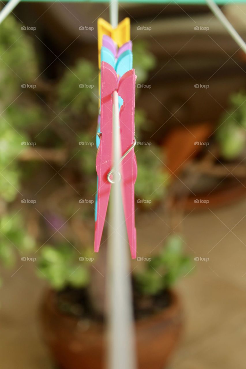 Colorful clothespins on the clothesline