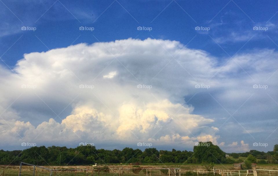 Mushrooming thunderstorm cloud rising over a farm