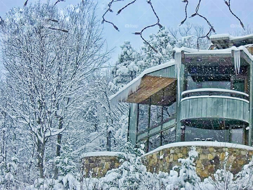 snow falling on house in woods