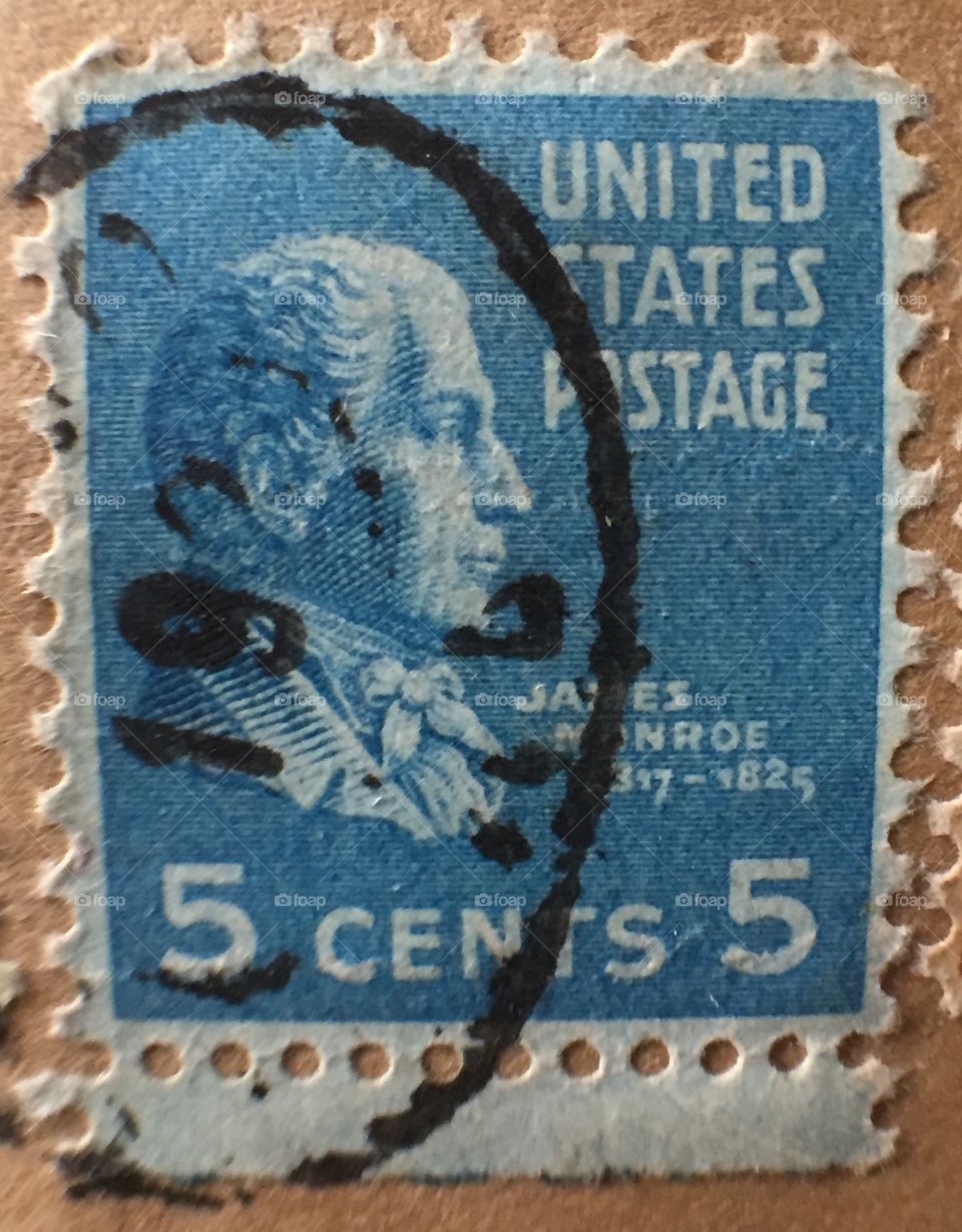 James Monroe  blue ink stamp 1817-1825. United States postage stamp five cents