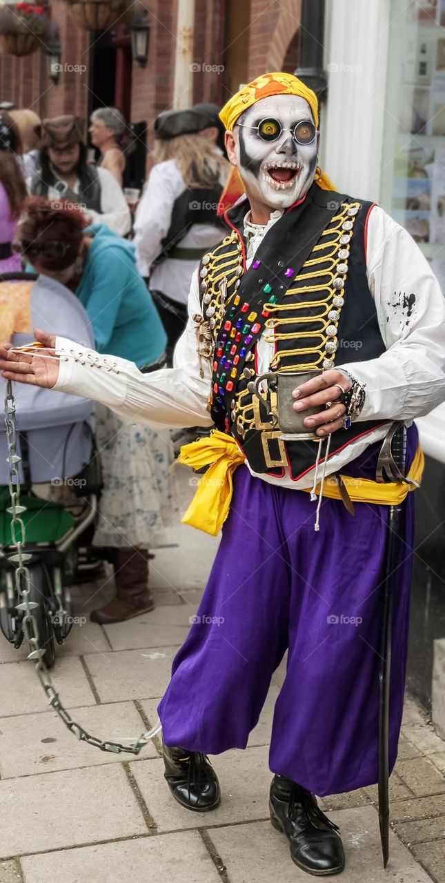 A man dressed as a skeletal Pirate at Hastings Annual Pirate Day, UK 