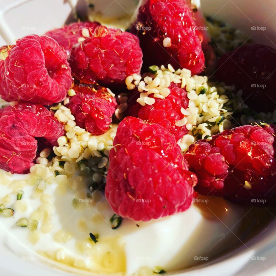 Infused Honey Breakfast healthy choices   Fresh fruit cbd raspberries yogurt hemp seeds 