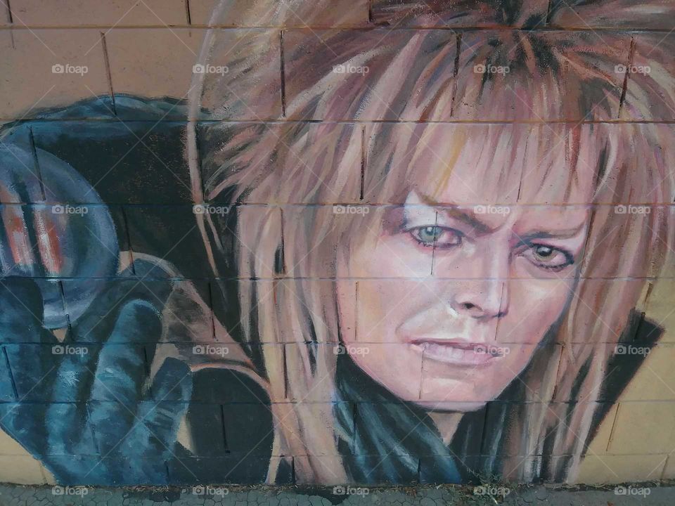 The Goblin King from Labyrinth David Bowie (memorial) mural in Phoenix Arizona by Maggie Keane.   R. I. P.