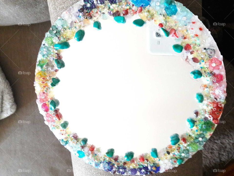 I made A beautiful retro decorated mirror with crystals, rocks, adornments, and glitter