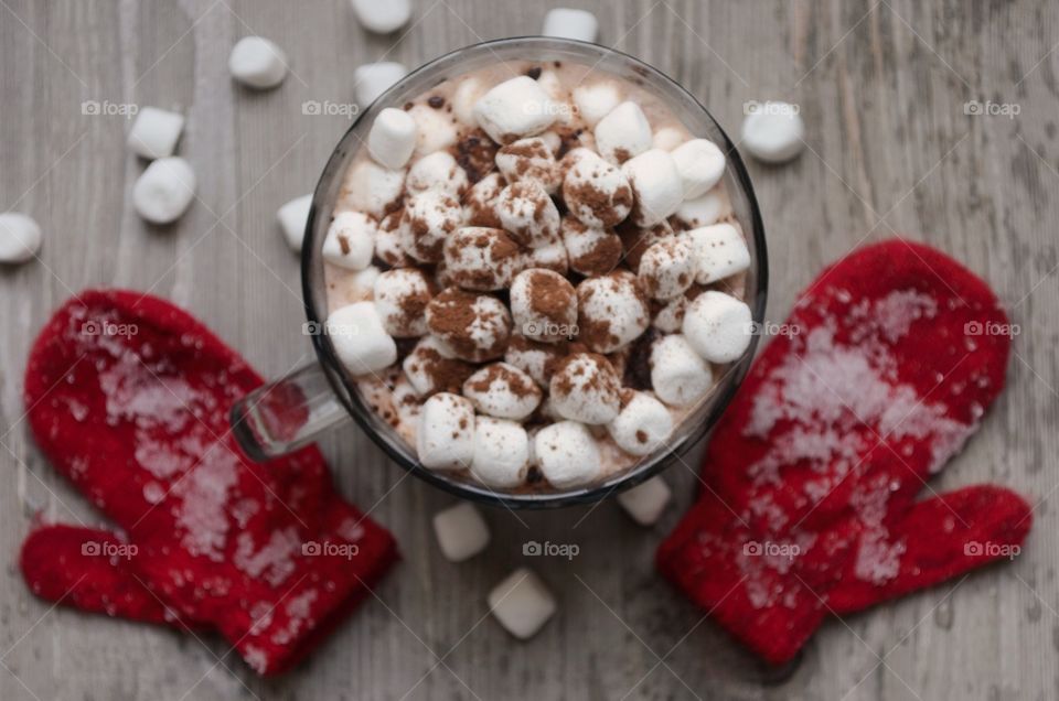 High angle view of chocolate drink with marshmallow