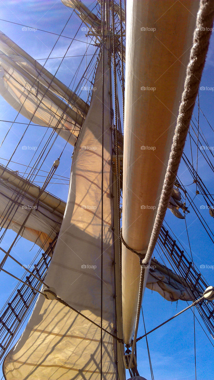 Sail against a blue sky, old sailboat