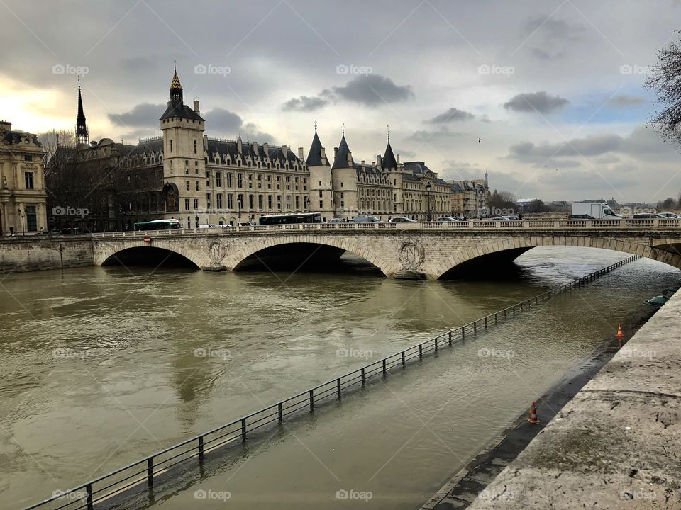 The Seine river in Paris, France completely flooded in the winter